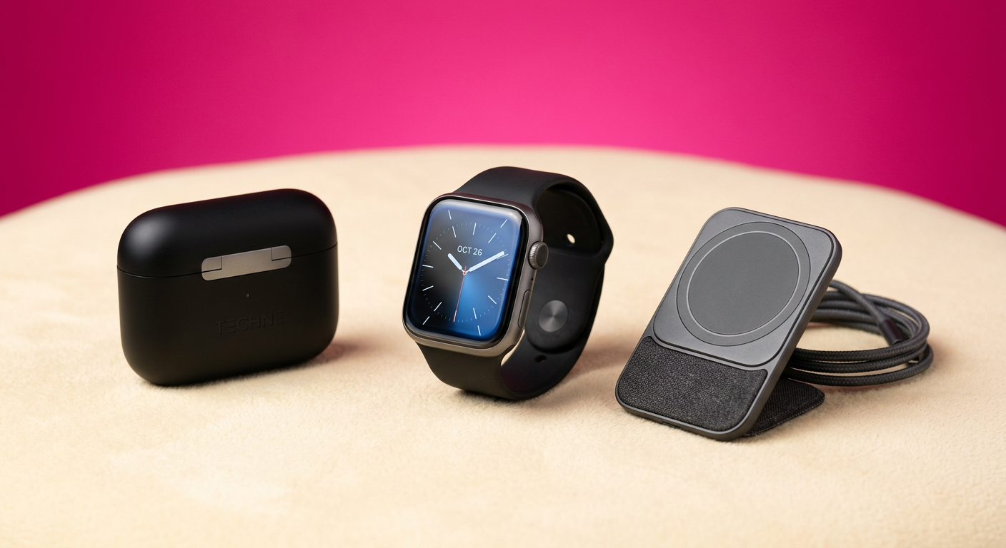Modern tech gadgets styled on a clean surface