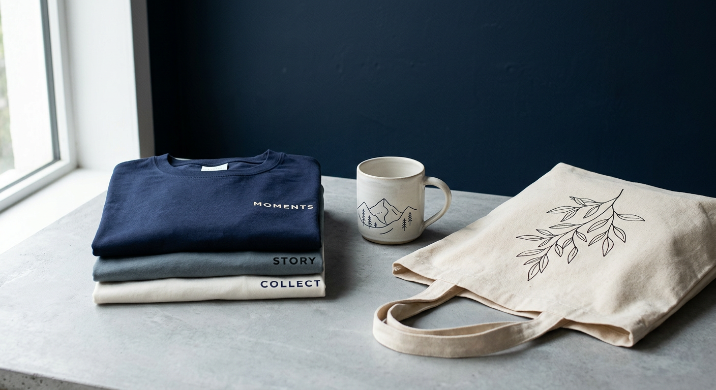 Print on demand t-shirts, mug and tote bag styled on a grey surface